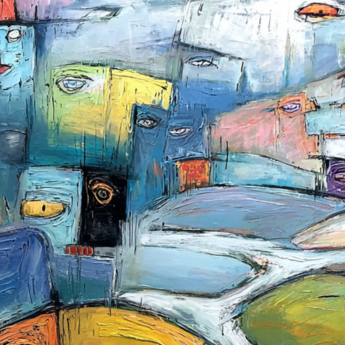 VILLAGE OF EYES: Colorful Abstract Figurative Cityscape Painting - Image 5