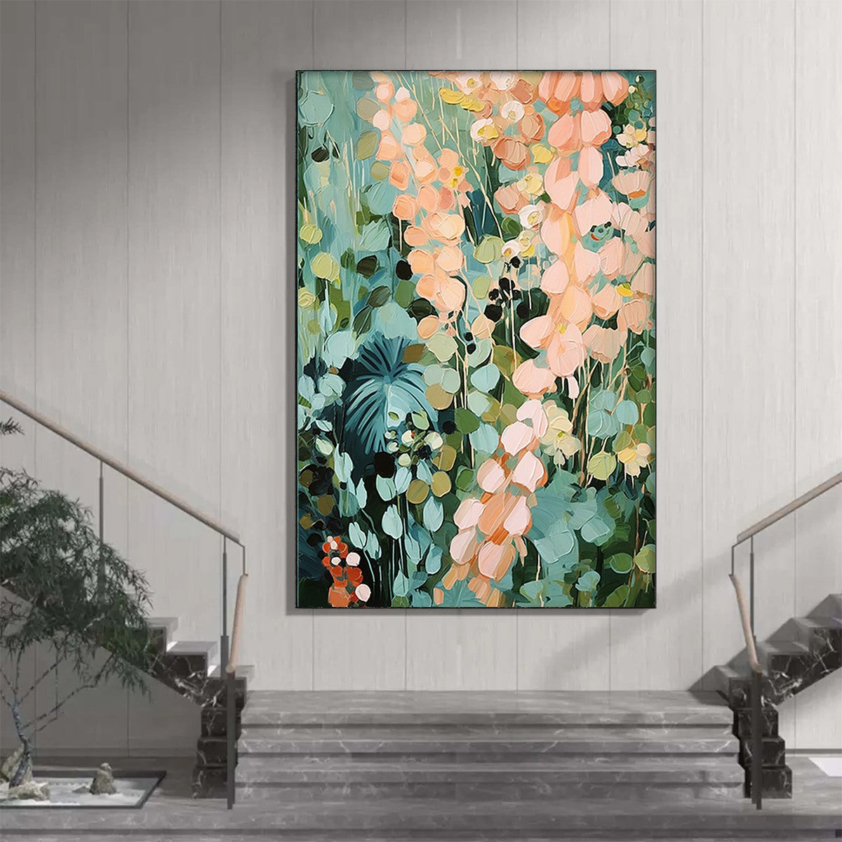 SECRET GARDEN: Vertical Abstract Floral Painting, Textured Green and Pink Garden, Living Room, Bedroom, Dining Room - Image 6