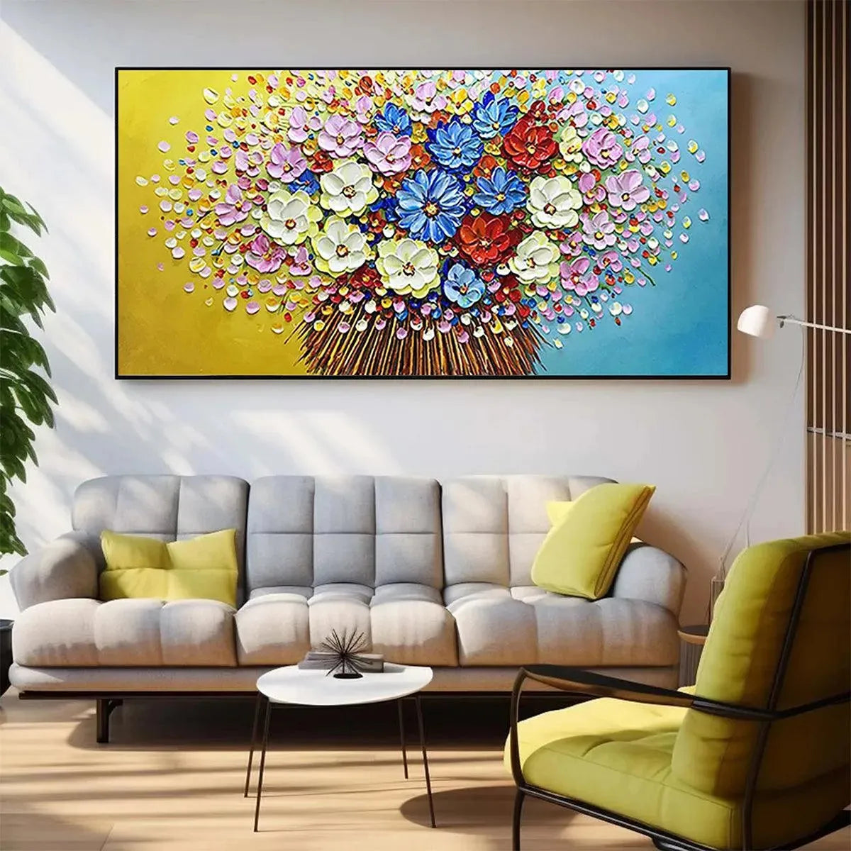 VIBRANT BOUQUET: Textured Impasto Floral Painting, Horizontal Wall Art - Image 2