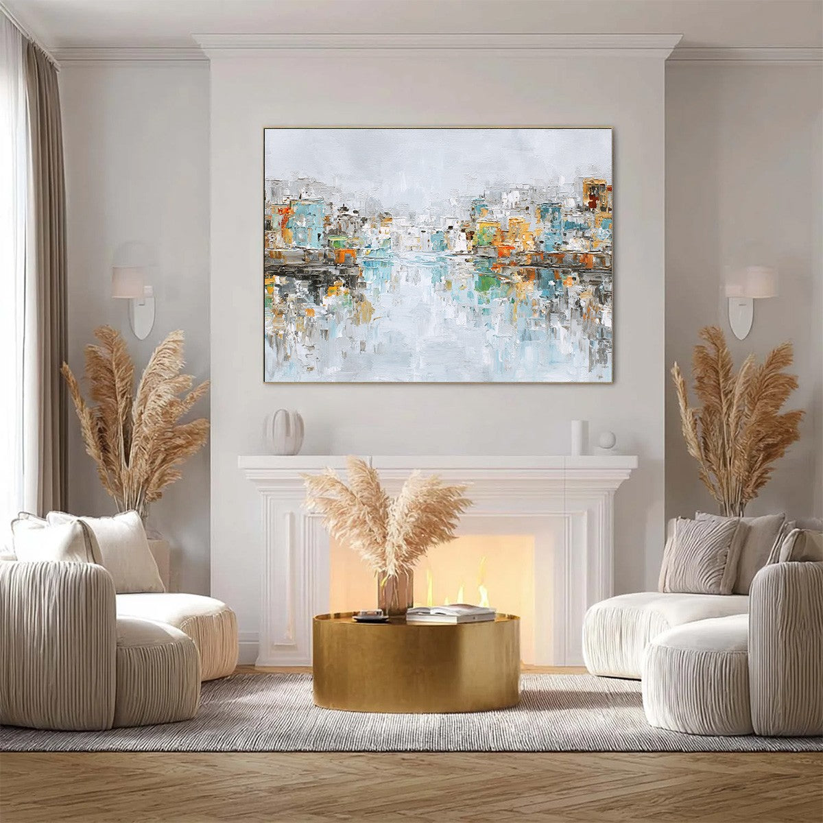 WATERFRONT VIBRANCY: Textured Abstract Cityscape Oil Painting on Canvas - Image 2