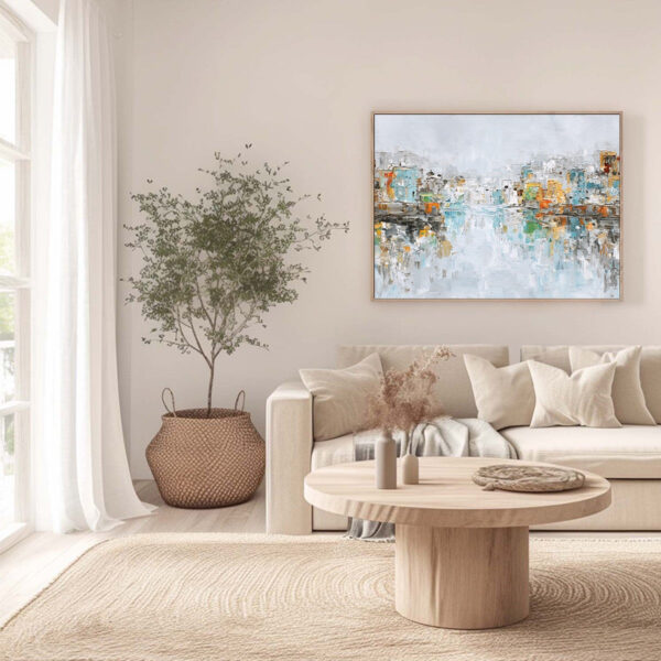 WATERFRONT VIBRANCY: Textured Abstract Cityscape Oil Painting on Canvas