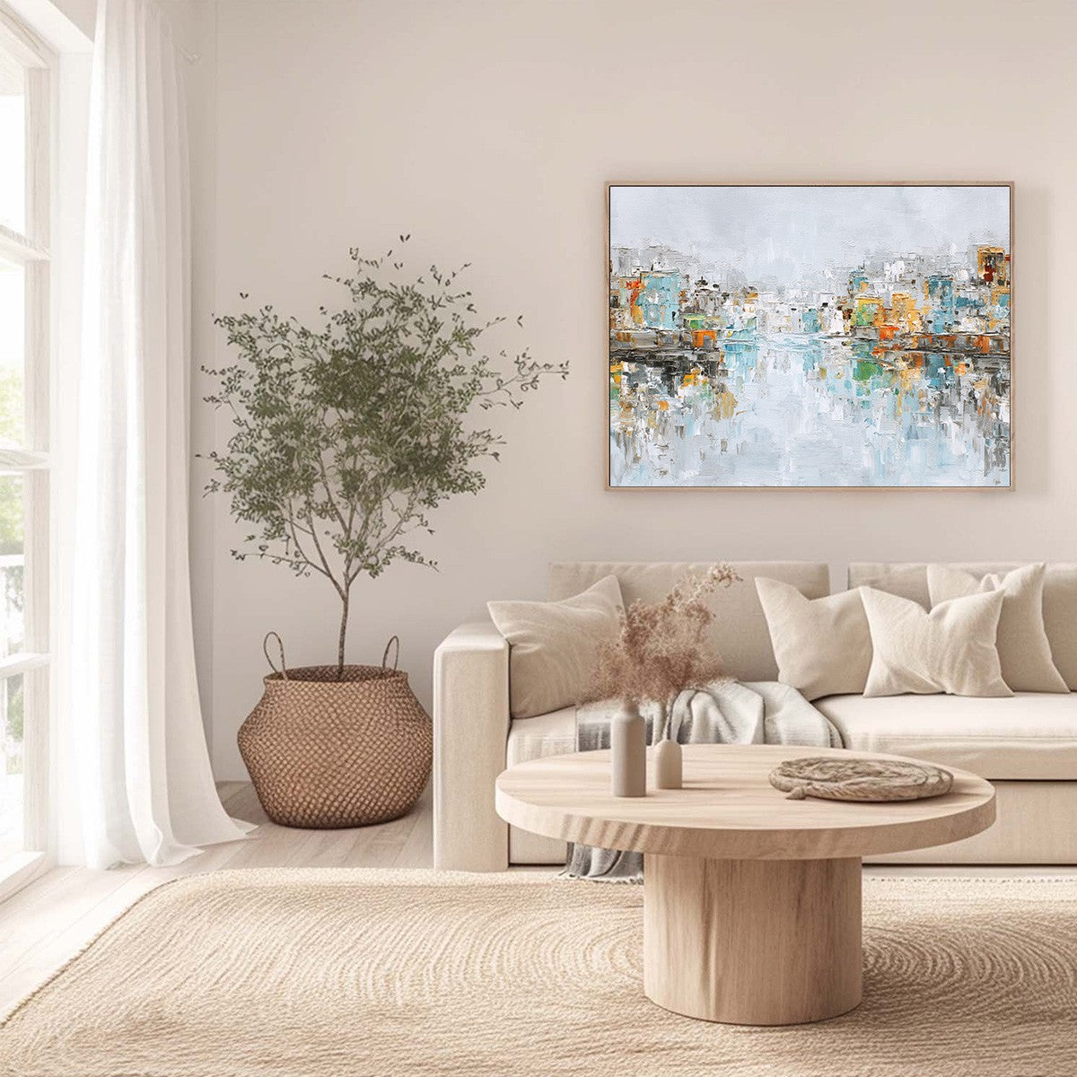 WATERFRONT VIBRANCY: Textured Abstract Cityscape Oil Painting on Canvas - Image 4