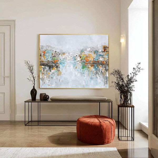 WATERFRONT VIBRANCY: Textured Abstract Cityscape Oil Painting on Canvas