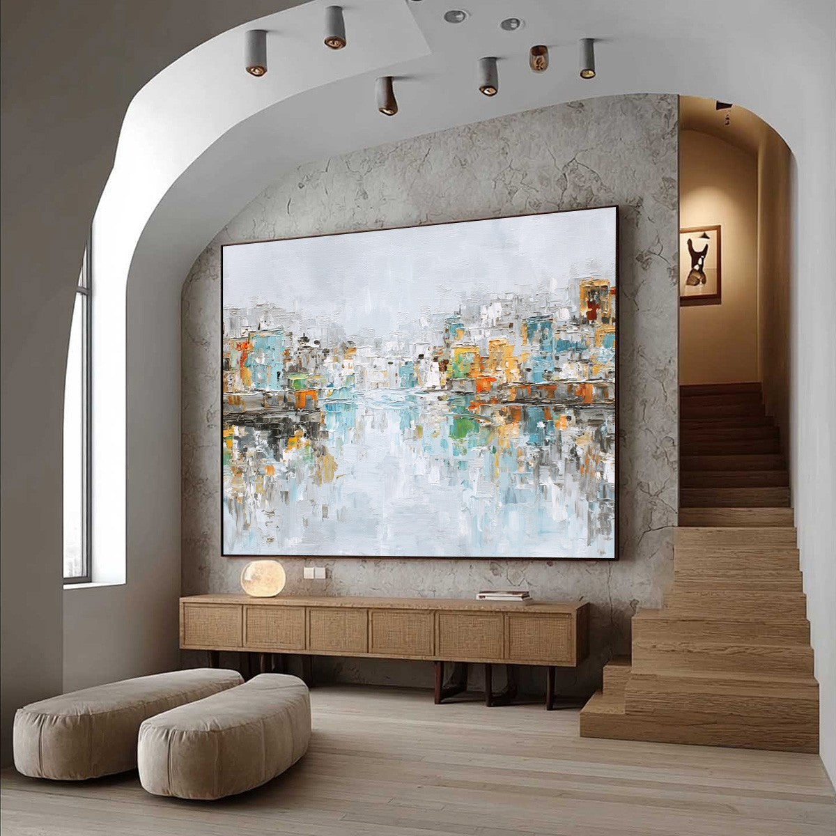 WATERFRONT VIBRANCY: Textured Abstract Cityscape Oil Painting on Canvas - Image 7