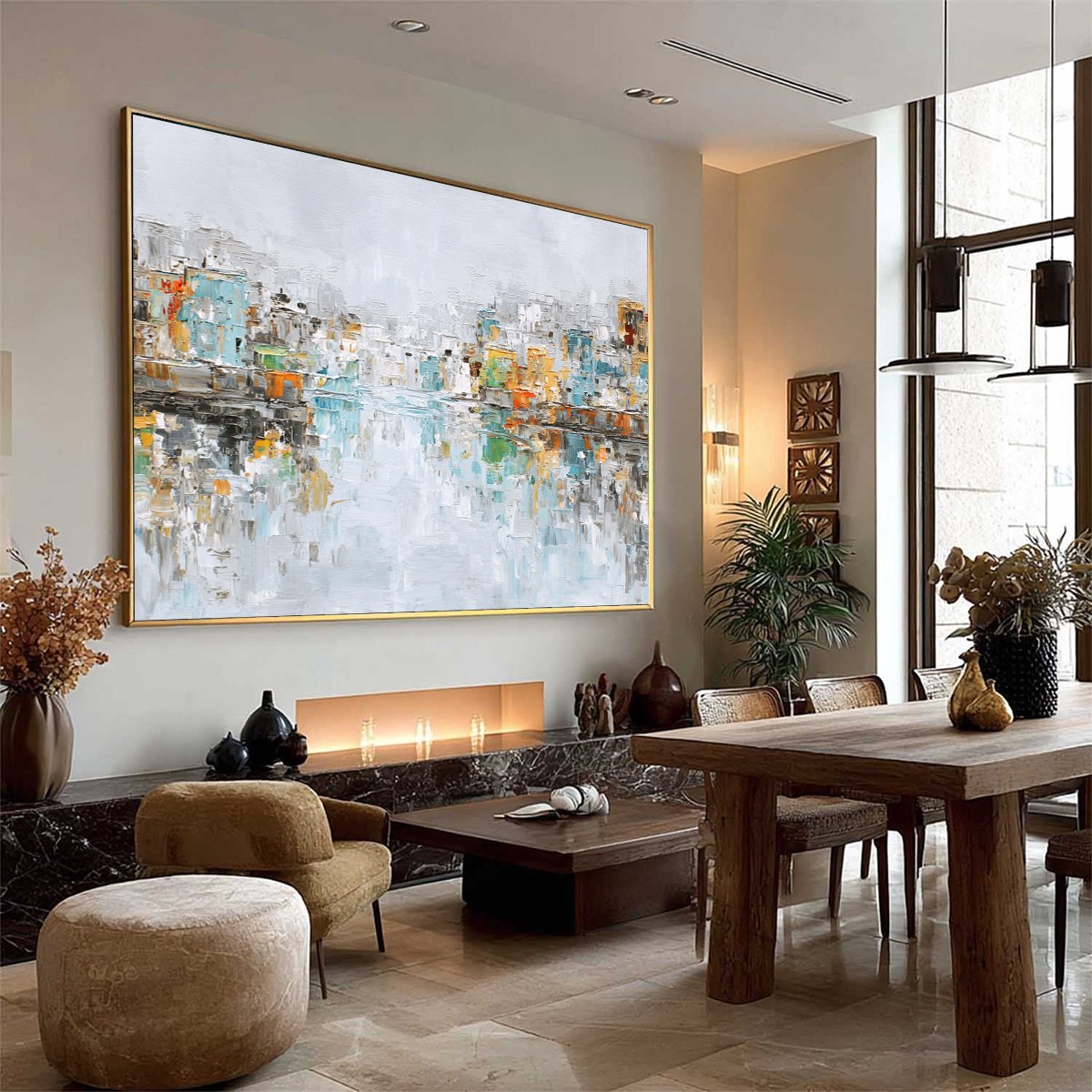 WATERFRONT VIBRANCY: Textured Abstract Cityscape Oil Painting on Canvas - Image 8