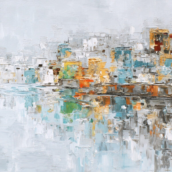 WATERFRONT VIBRANCY: Textured Abstract Cityscape Oil Painting on Canvas