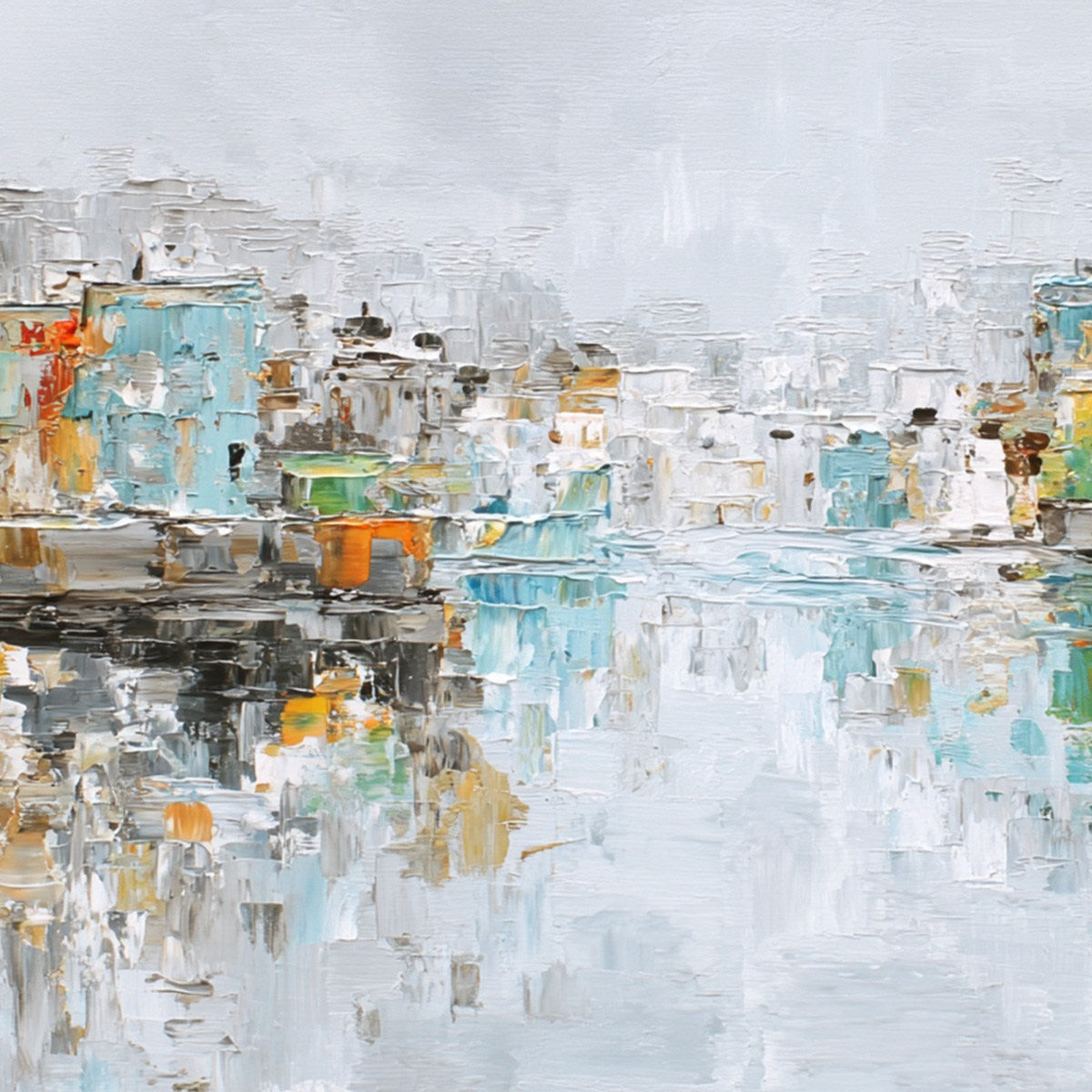 WATERFRONT VIBRANCY: Textured Abstract Cityscape Oil Painting on Canvas - Image 5