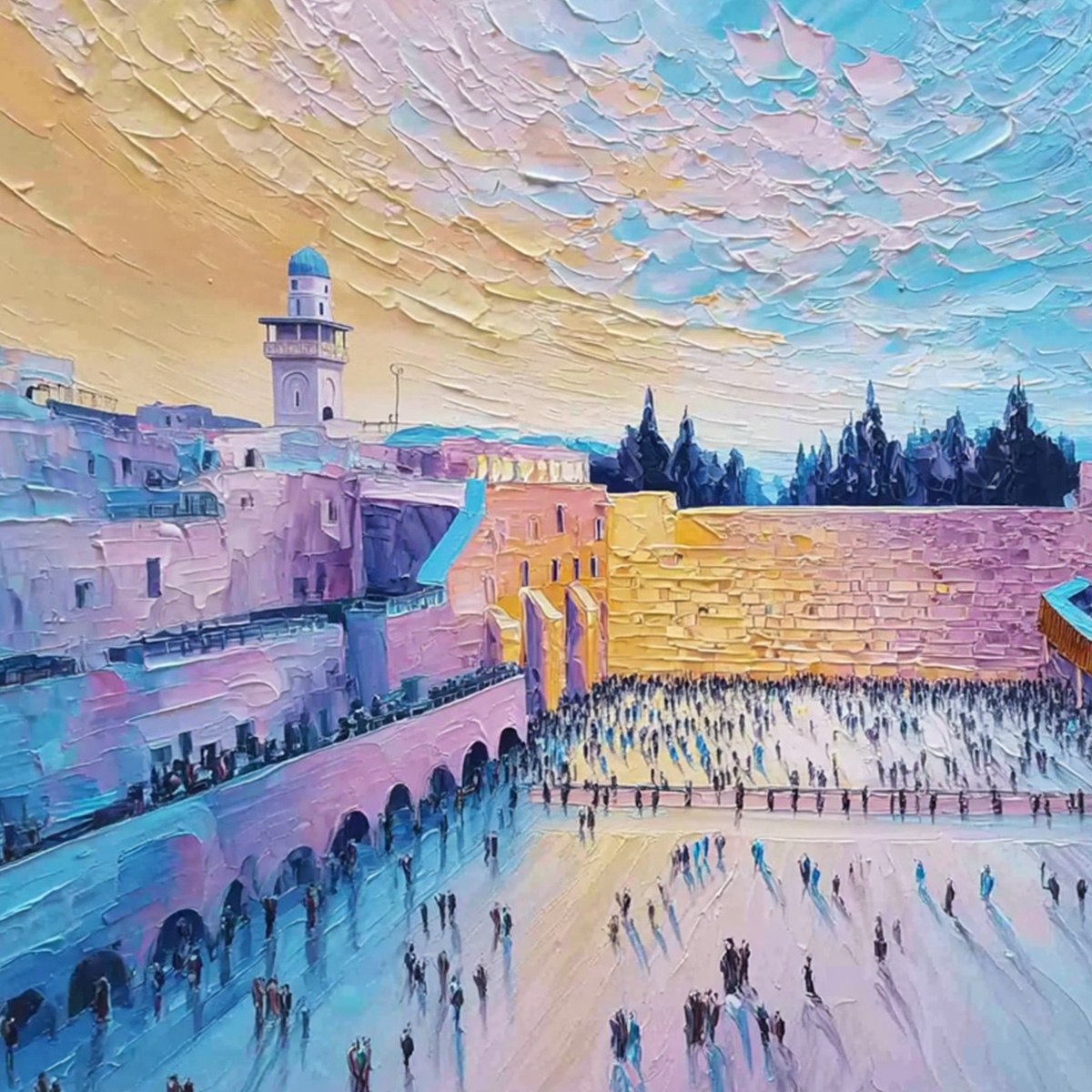 WESTERN WALL'S EMBRACE: Heavily Textured Impasto Jerusalem Cityscape Painting - Image 5