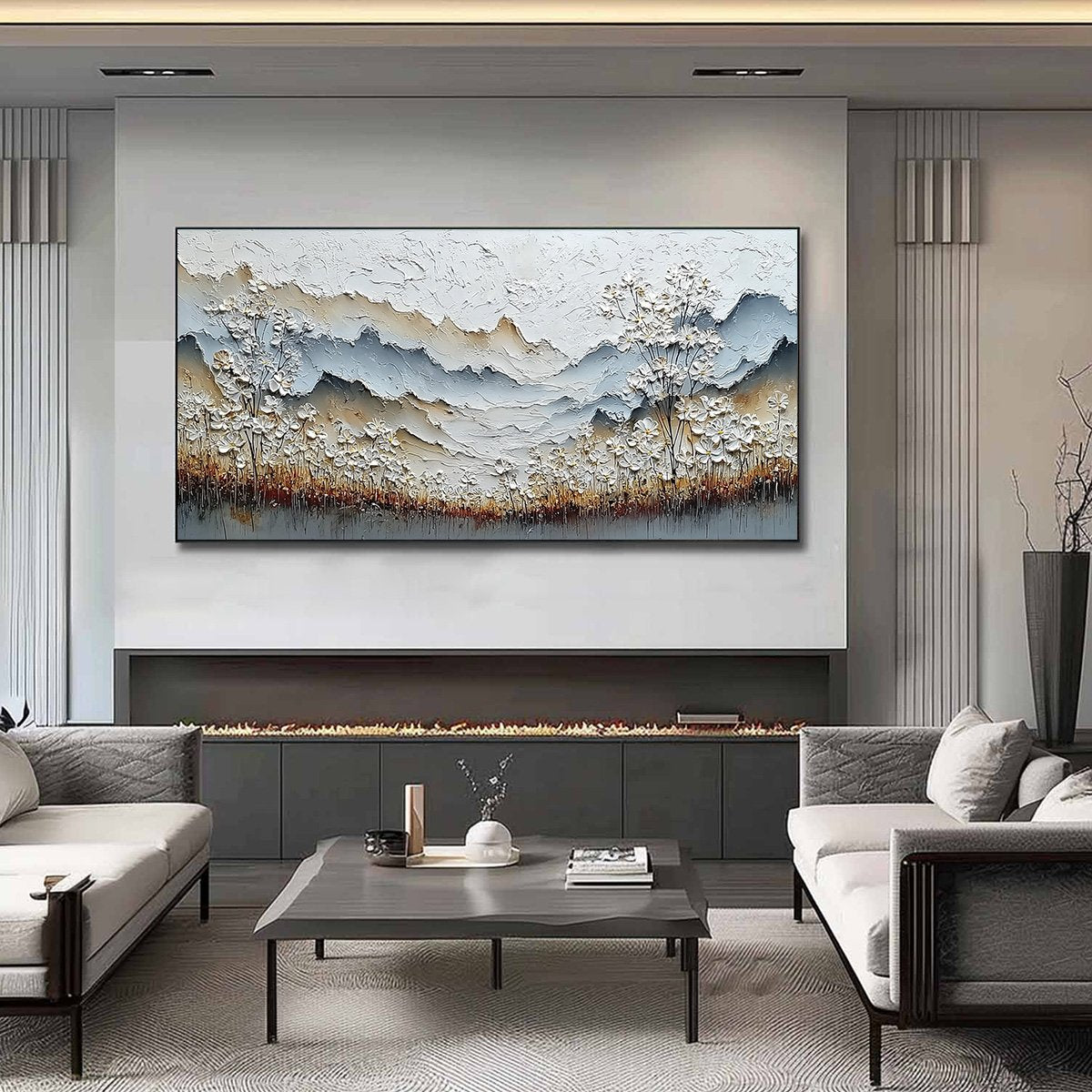 WHISPERING MEADOW: Heavily Textured Wabi Sabi Mountain & Flower Landscape Painting - Image 2