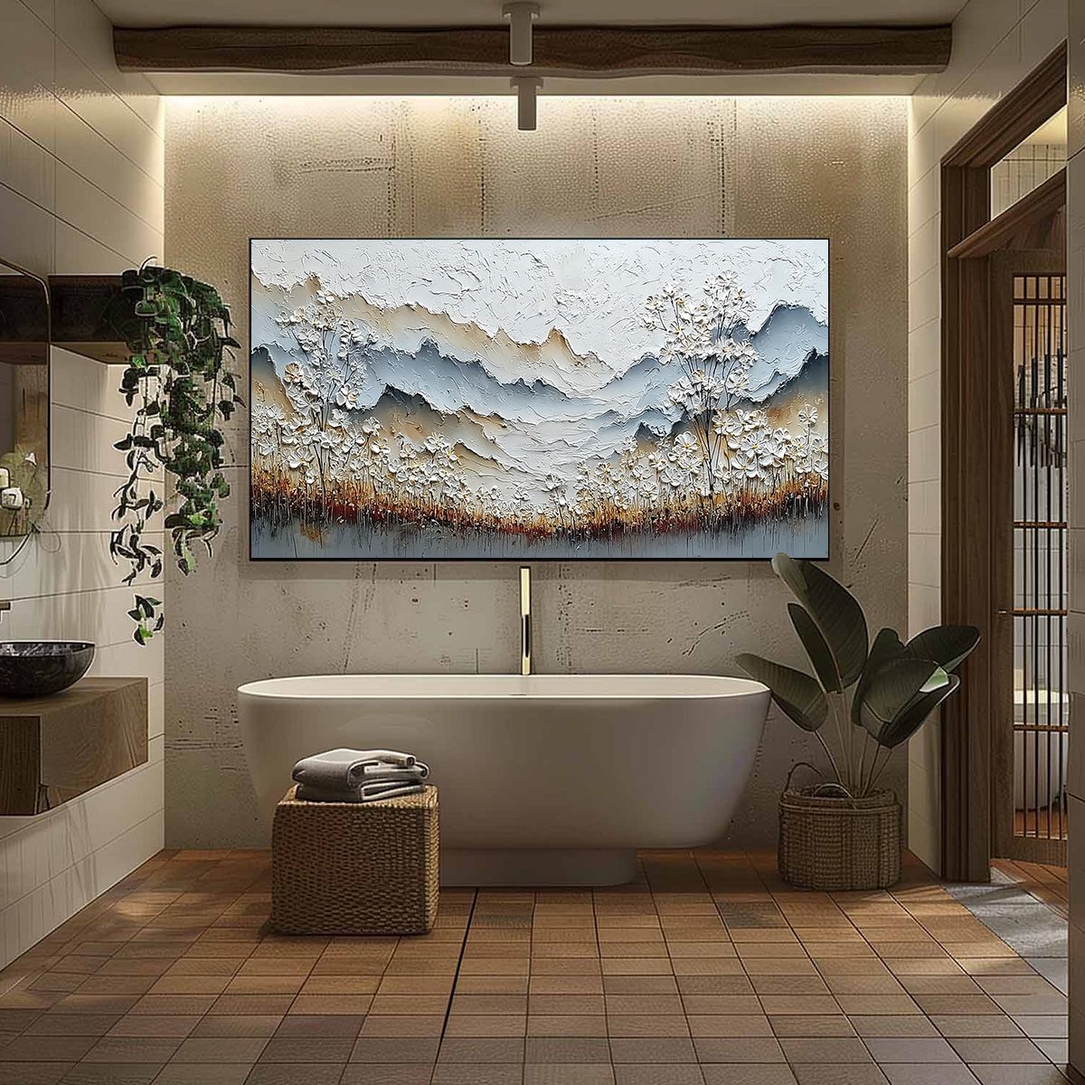 WHISPERING MEADOW: Heavily Textured Wabi Sabi Mountain & Flower Landscape Painting - Image 6