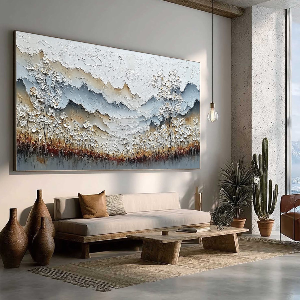 WHISPERING MEADOW: Heavily Textured Wabi Sabi Mountain & Flower Landscape Painting - Image 8
