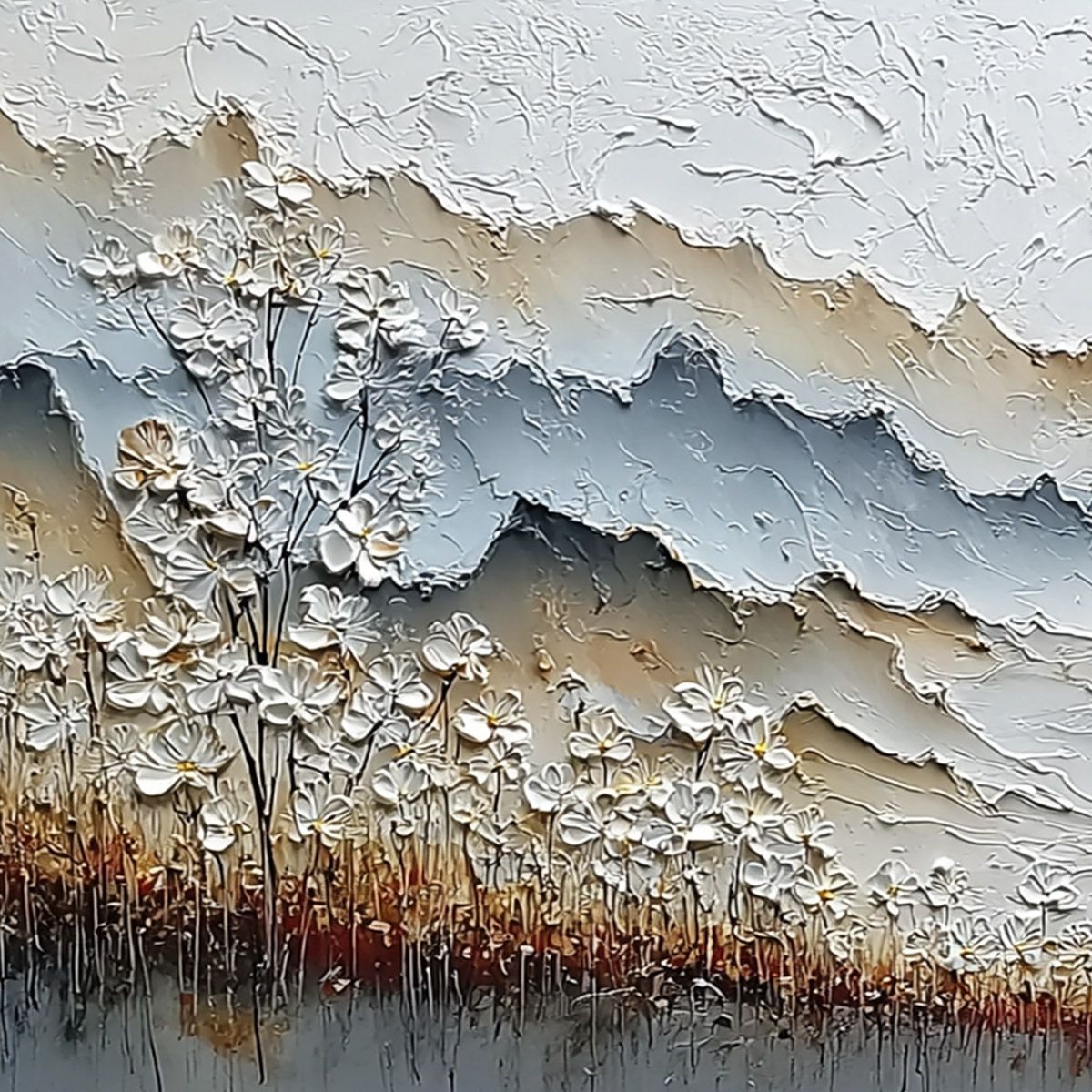 WHISPERING MEADOW: Heavily Textured Wabi Sabi Mountain & Flower Landscape Painting - Image 3