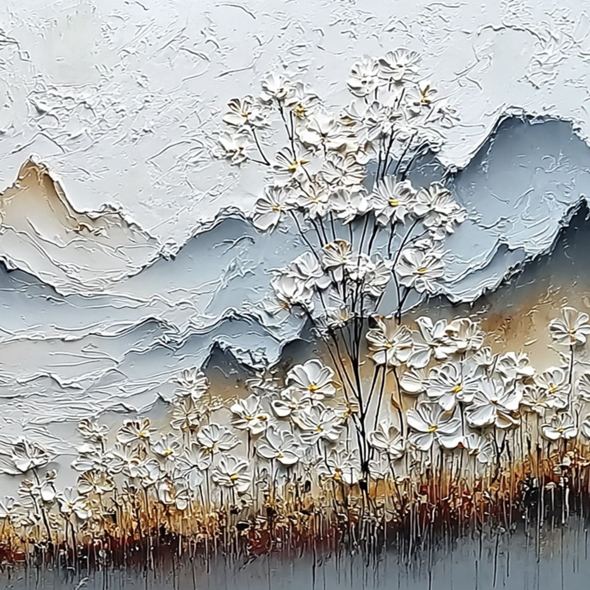 WHISPERING MEADOW: Heavily Textured Wabi Sabi Mountain & Flower Landscape Painting - Image 5