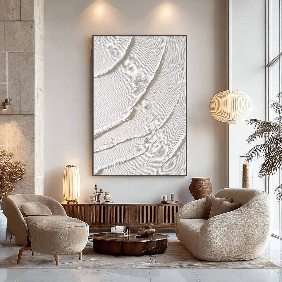 WHISPERING WAVES: Textured White Minimalist Wabi Sabi Abstract Painting - Image 4