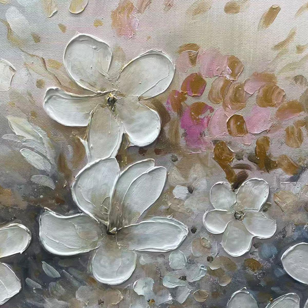 WHISPERING BLOSSOMS: Textured Beige and White Floral Impasto Painting - Image 3