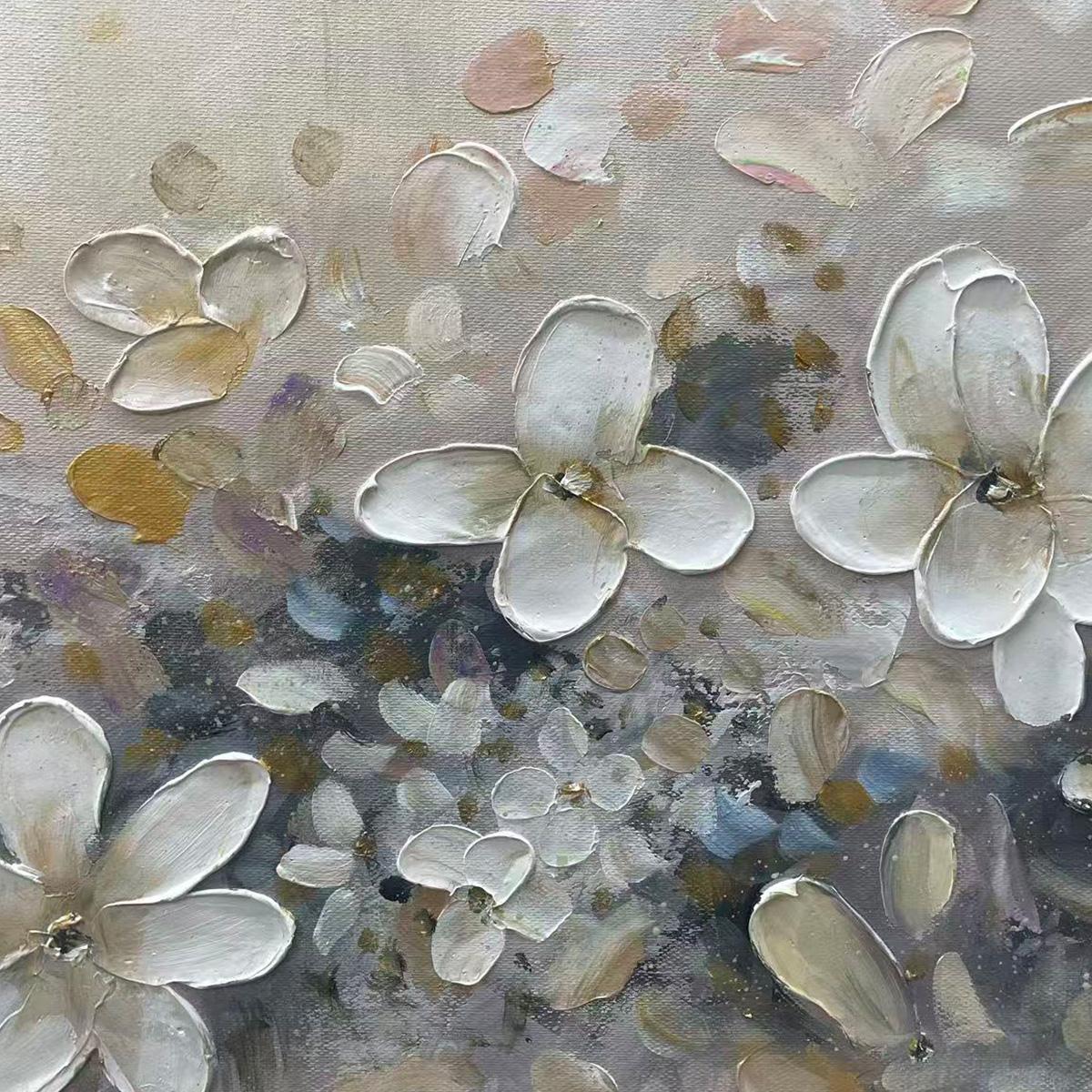WHISPERING BLOSSOMS: Textured Beige and White Floral Impasto Painting - Image 5