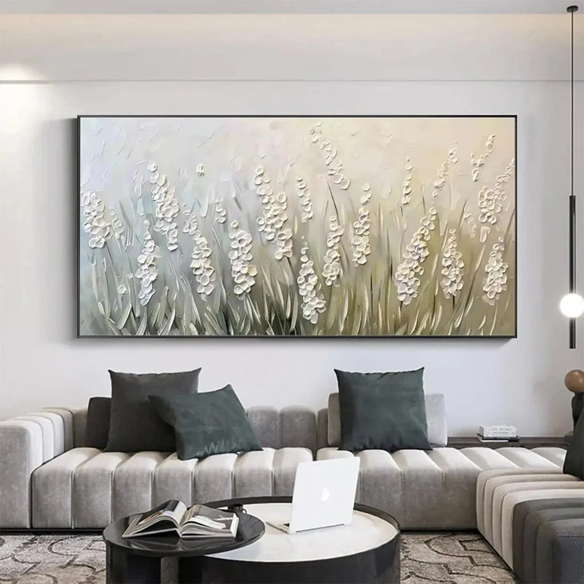 WHISPERING FIELDS: Textured White Floral Painting, 3D Flower Wall Art, Panoramic Canvas, Serene Decor - Image 8