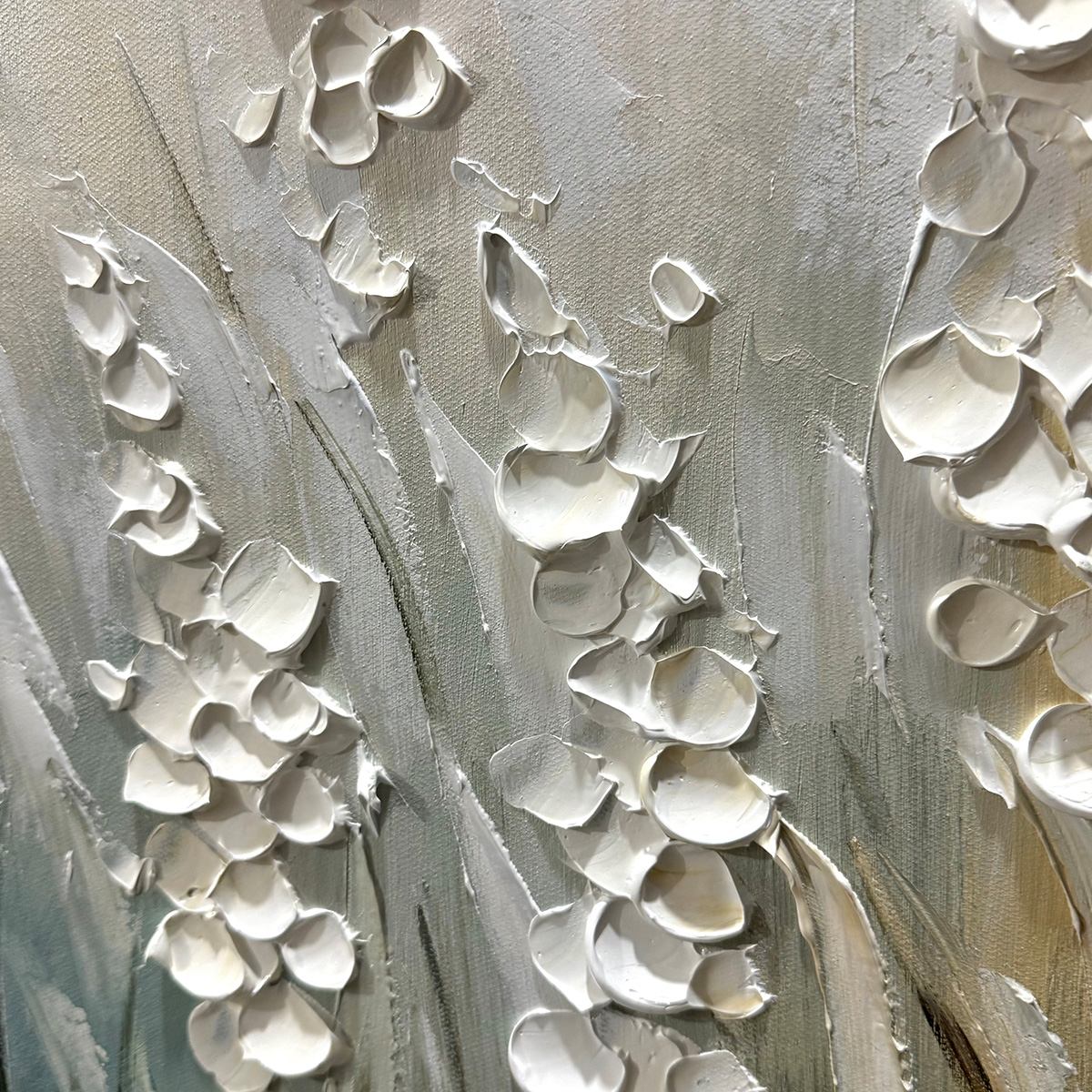 WHISPERING FIELDS: Textured White Floral Painting, 3D Flower Wall Art, Panoramic Canvas, Serene Decor - Image 5