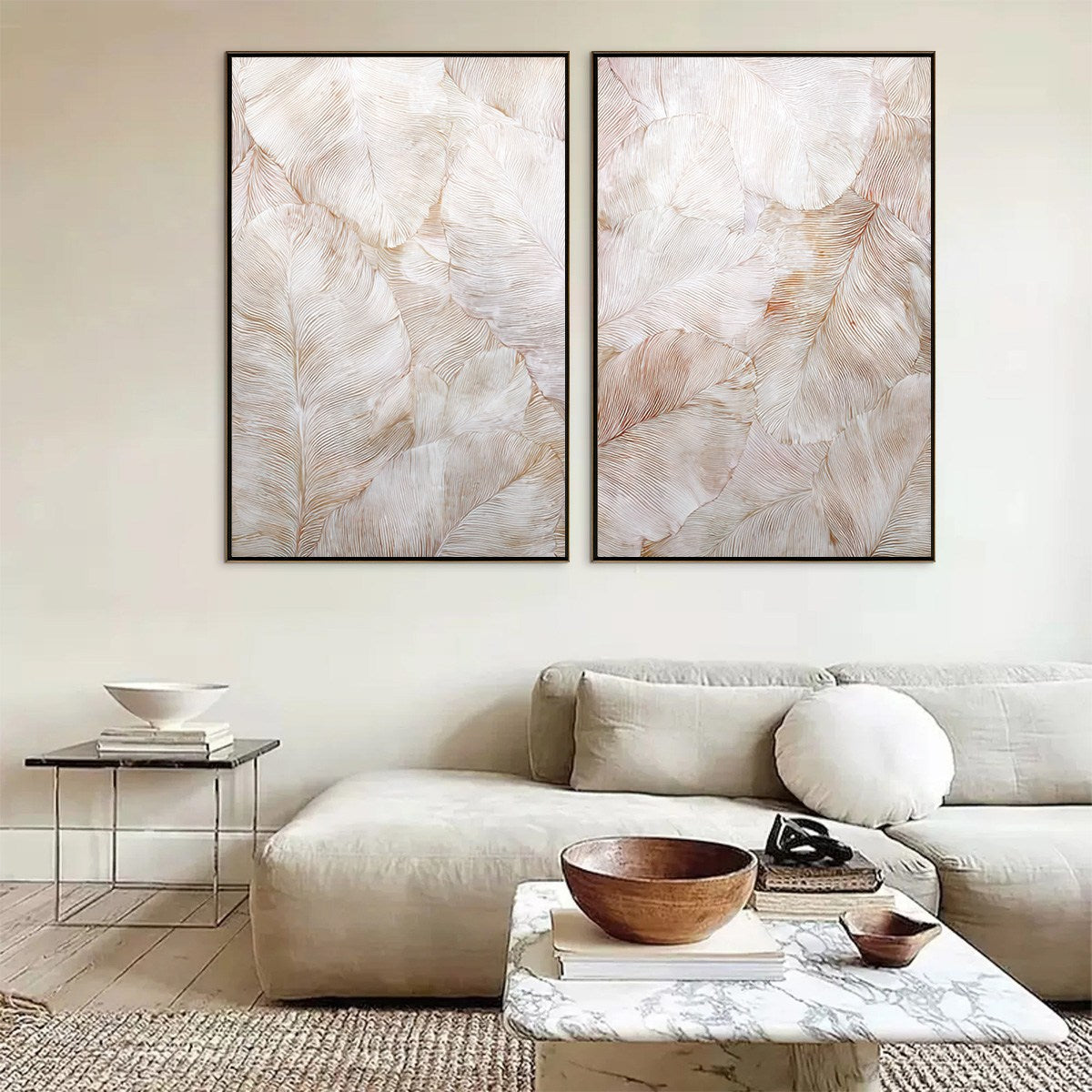 WHISPERING PLUMES: Textured Wabi Sabi Feather Painting Diptych - Image 3