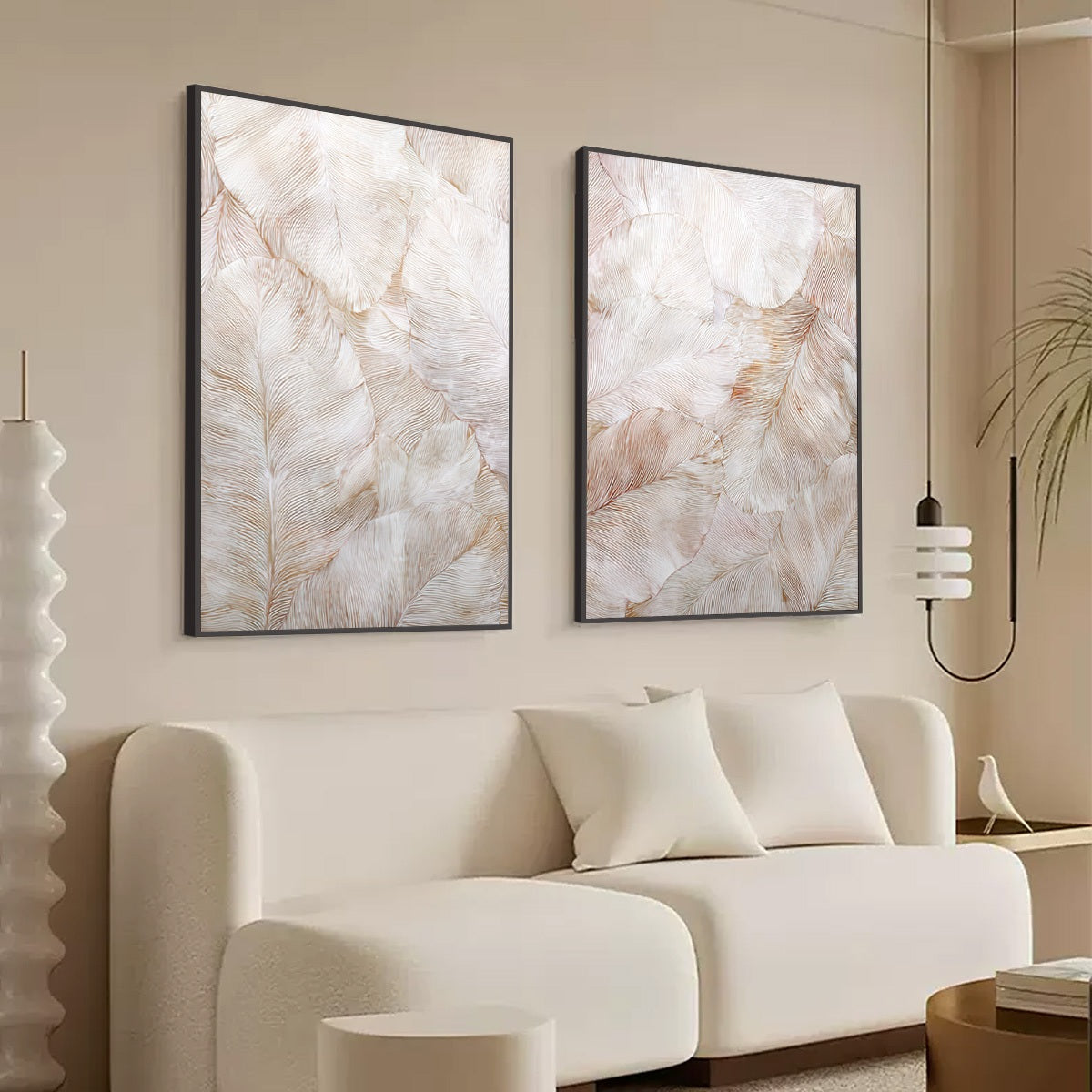 WHISPERING PLUMES: Textured Wabi Sabi Feather Painting Diptych - Image 5