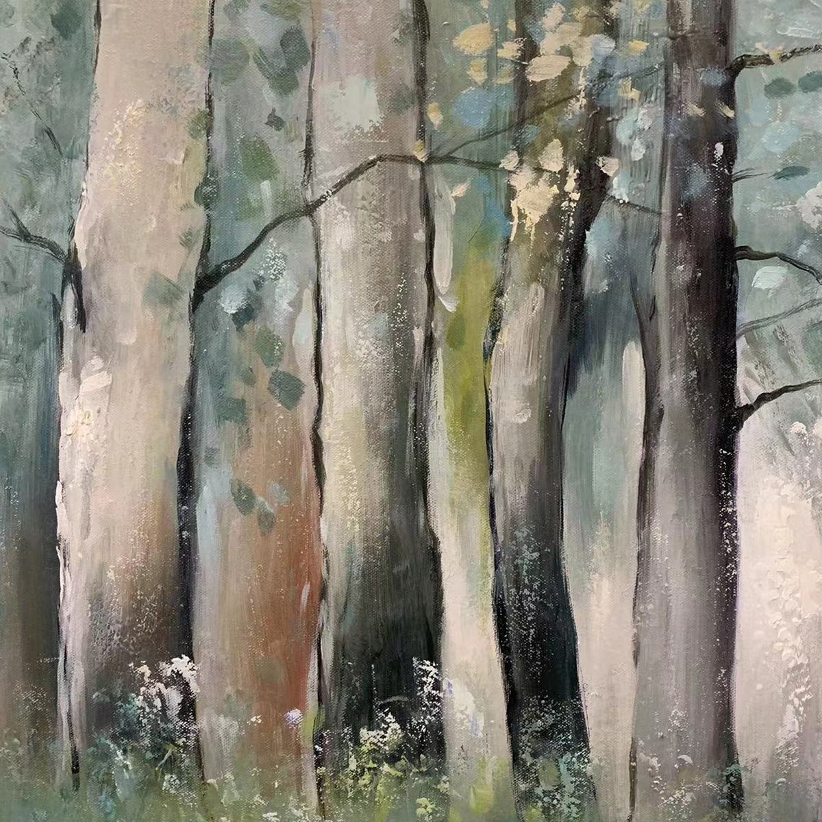 WHISPERING WOODS: Serene Green and Gold Forest Landscape Painting - Image 6