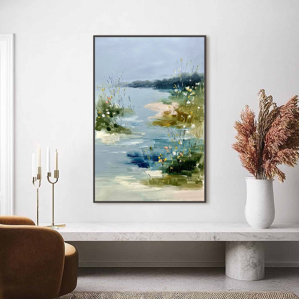 WHISPERS OF THE MARSH: Textured Wabi Sabi Style Vertical Landscape Painting - Image 2