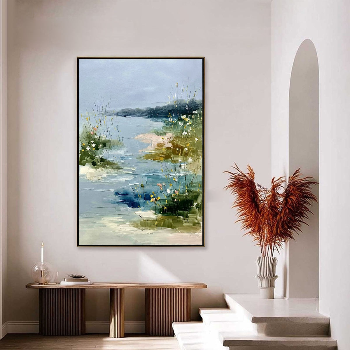 WHISPERS OF THE MARSH: Textured Wabi Sabi Style Vertical Landscape Painting - Image 4