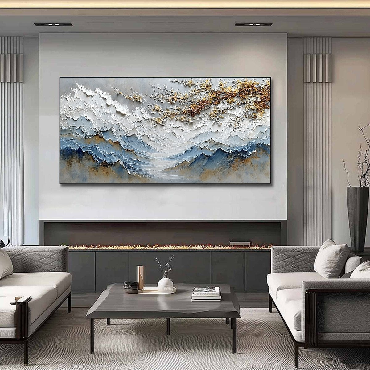 WHISPERS OF THE VALLEY: Textured Mountain Landscape Painting with Golden Blossoms - Image 2