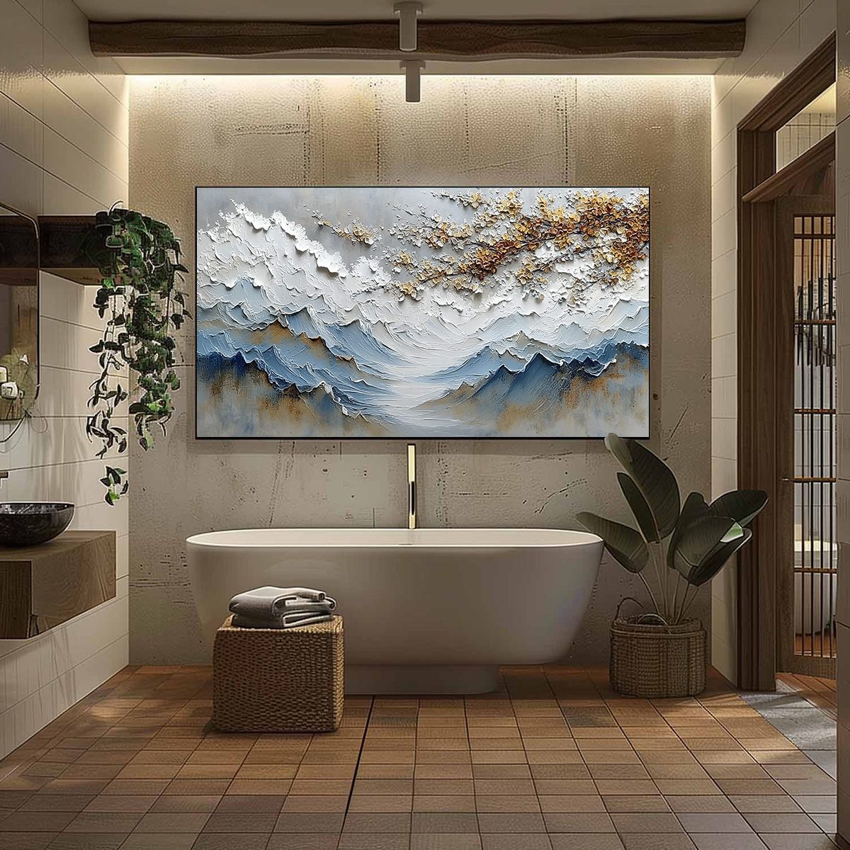 WHISPERS OF THE VALLEY: Textured Mountain Landscape Painting with Golden Blossoms - Image 6