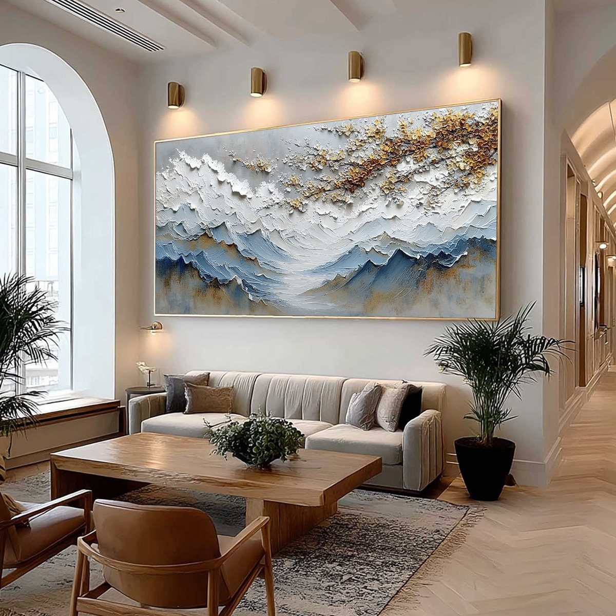 WHISPERS OF THE VALLEY: Textured Mountain Landscape Painting with Golden Blossoms - Image 7