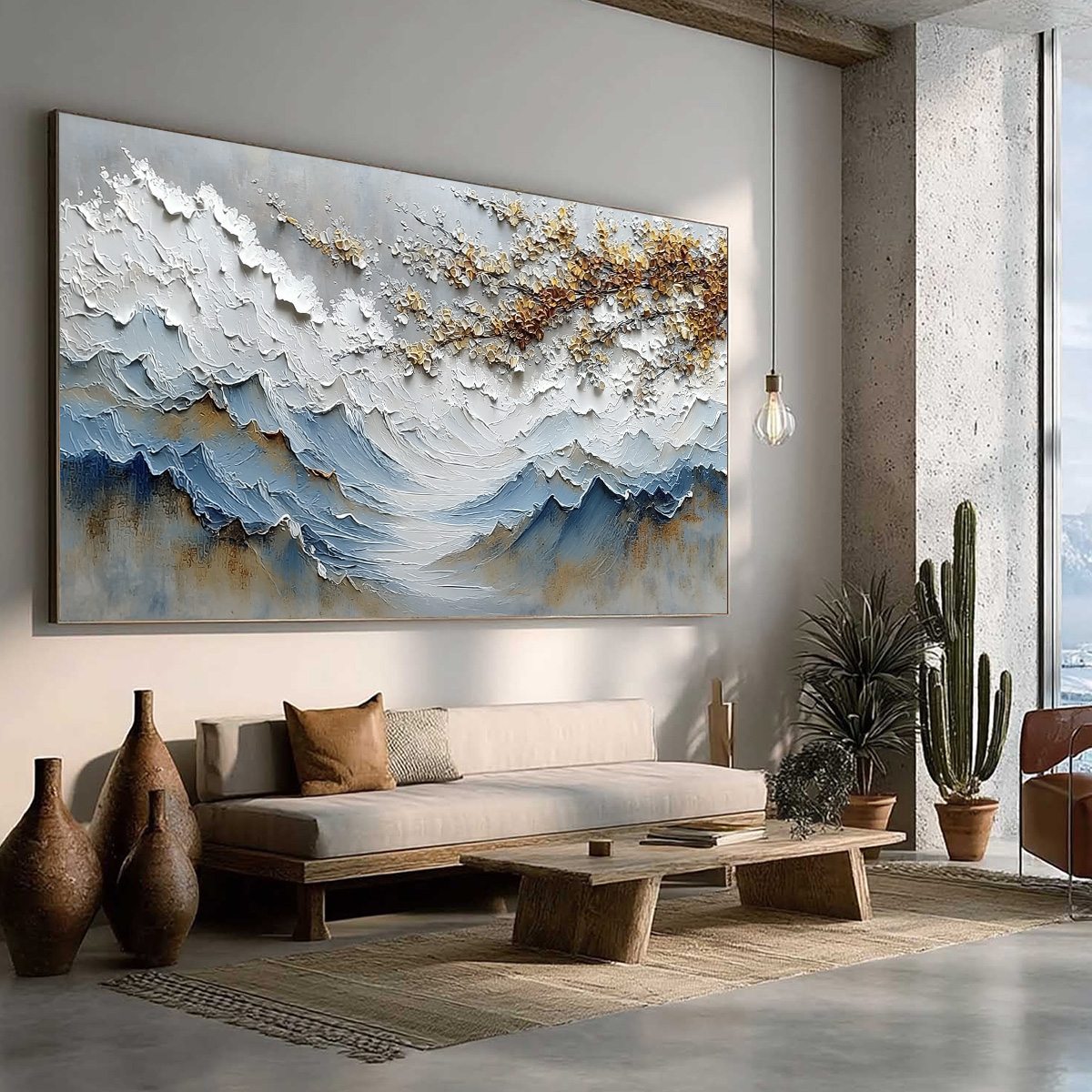 WHISPERS OF THE VALLEY: Textured Mountain Landscape Painting with Golden Blossoms - Image 8