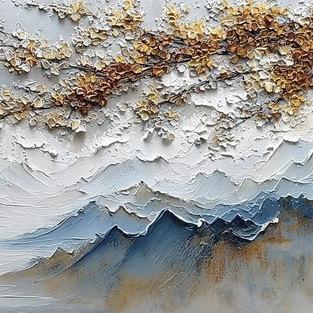 WHISPERS OF THE VALLEY: Textured Mountain Landscape Painting with Golden Blossoms - Image 5