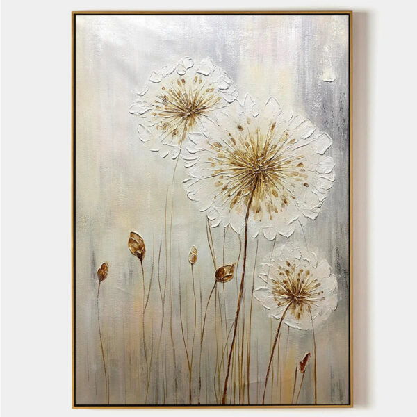 WHISPERS_OF_GOLD.jpg WHISPERS OF GOLD: Textured Dandelion Painting on Vertical Canvas