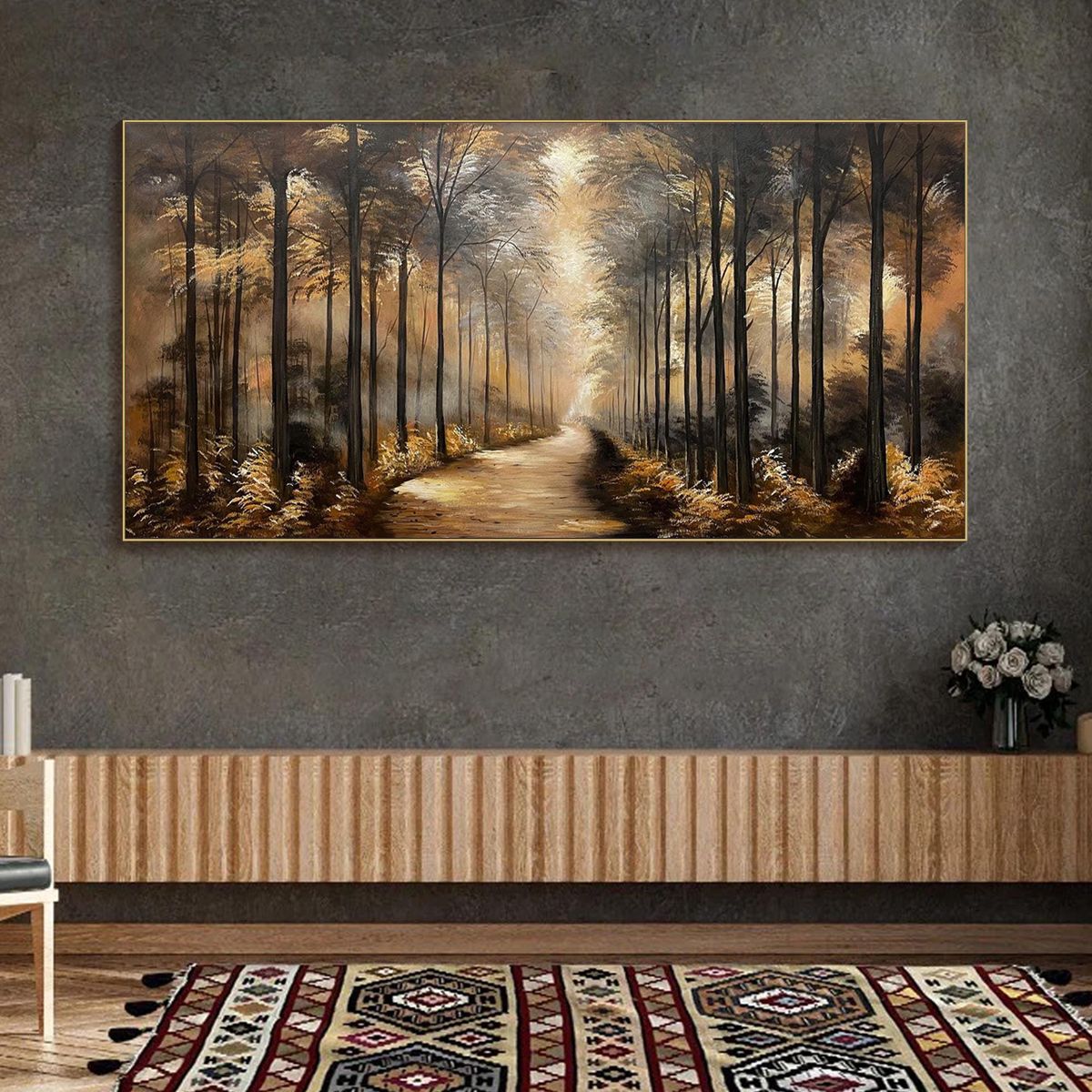 WHISPERS OF THE WOODS: Panoramic Forest Path Oil Painting - Image 2