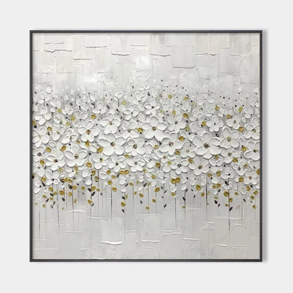 WHITE BLOSSOM FIELD: Textured White Floral Painting, Square Wall Art