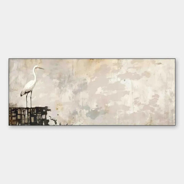 WHITE HERON PANORAMIC: Heron Painting, Panoramic Wall Art, Bird Art