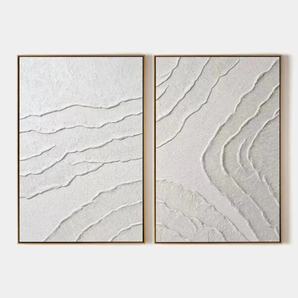WHITE TEXTURED LINES DIPTYCH: Textured Abstract Painting Set of 2, Vertical Wall Art