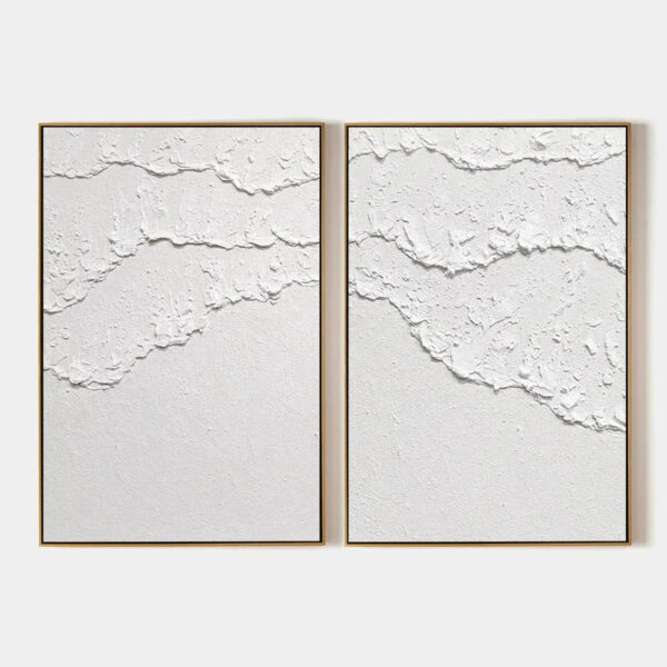 WHITE TEXTURED WAVES DIPTYCH: Textured Abstract Painting Set of 2, Vertical Wall Art
