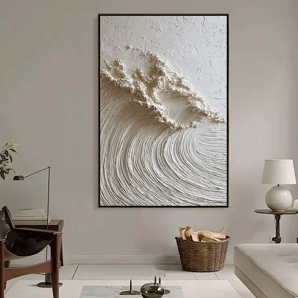 WHITE WAVE: Textured Minimalist 3D Oil Painting - Image 2