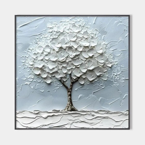 WINTER'S EMBRACE: Textured Tree Painting, Impasto Wall Art, Square Canvas, Winter Decor, Minimalist Art