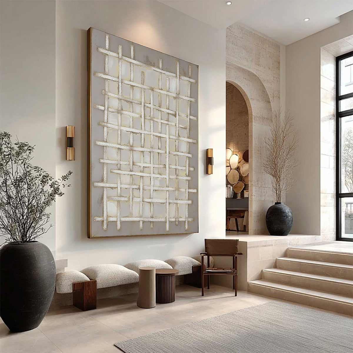WOVEN TRANQUILITY Minimalist Textured Beige Abstract Oil Painting - Image 3