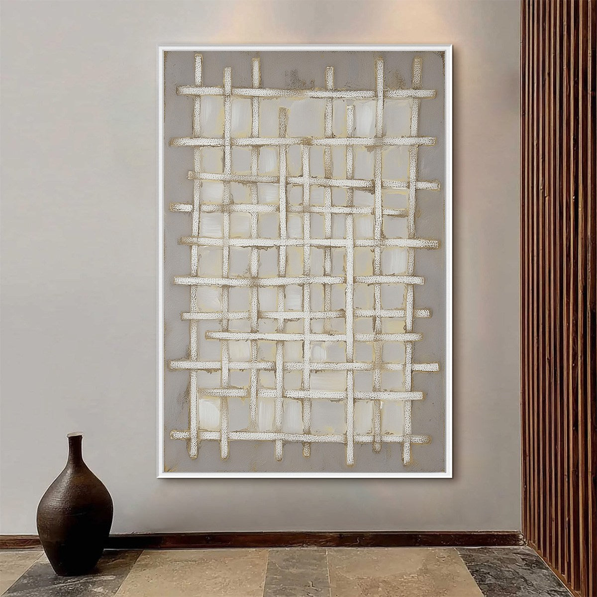 WOVEN TRANQUILITY Minimalist Textured Beige Abstract Oil Painting - Image 2
