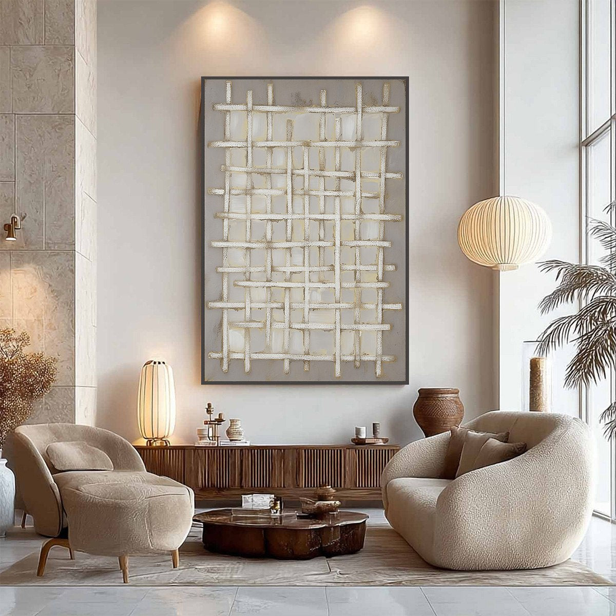 WOVEN TRANQUILITY Minimalist Textured Beige Abstract Oil Painting - Image 4