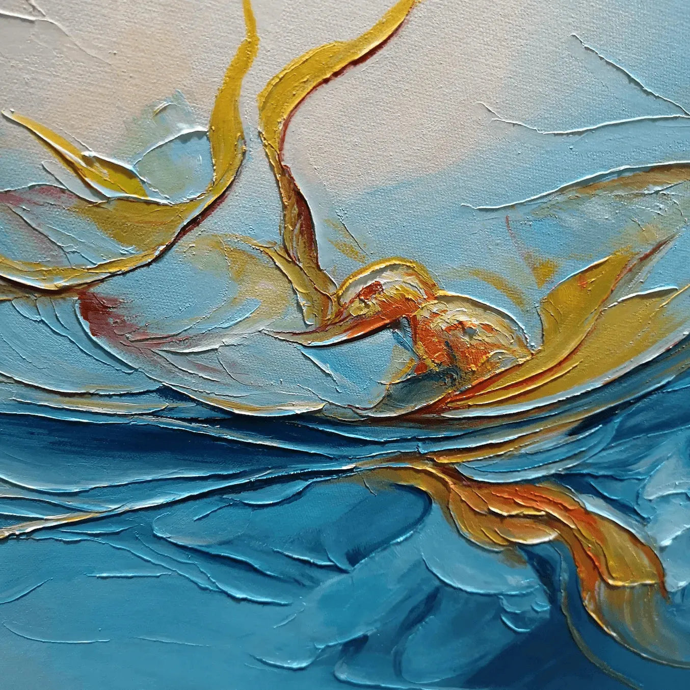 GOLDEN CURRENTS: Panoramic Abstract Teal and Gold Oil Painting - Image 3