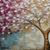 CHERRY BLOSSOM DREAM: Panoramic Textured Impasto Painting of a Cherry Blossom Tree, Modern Wall Art, Pink and Gold