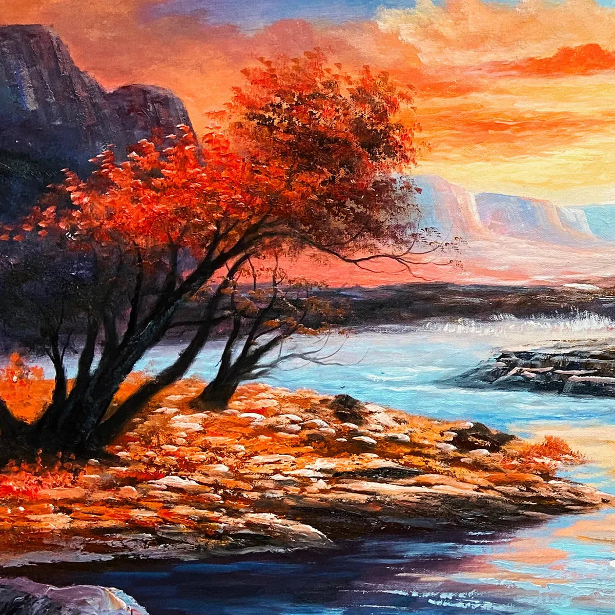 AUTUMN RIVER: Landscape Painting of a River at Sunset, Mountains, and Autumn Trees, Modern Wall Art - Image 3