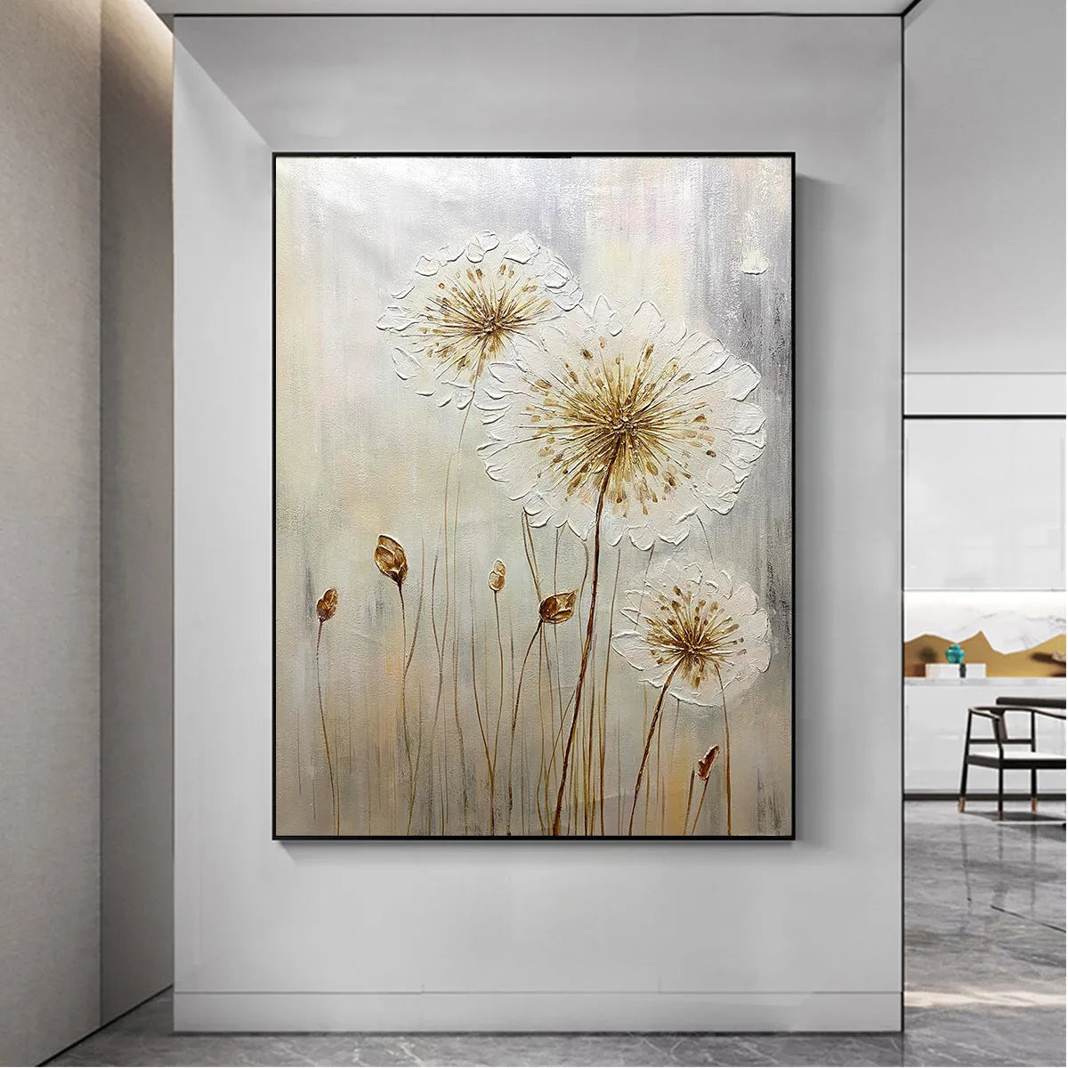 WHISPERS OF GOLD: Textured Dandelion Painting on Vertical Canvas - Image 7