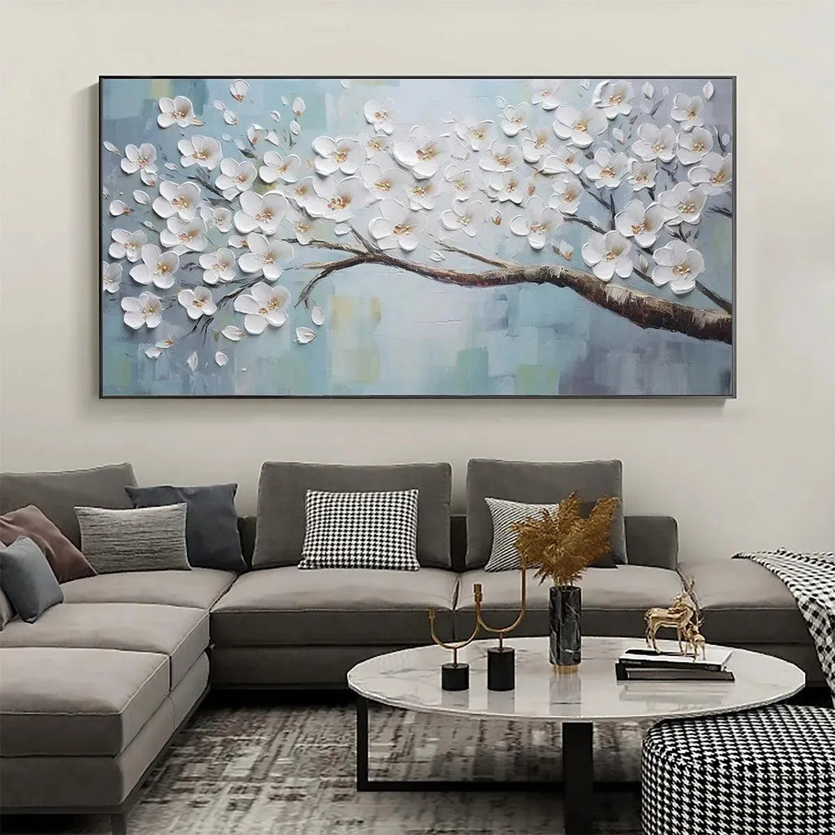 WHITE BLOSSOMS: Textured Floral Painting in White and Blue - Image 2