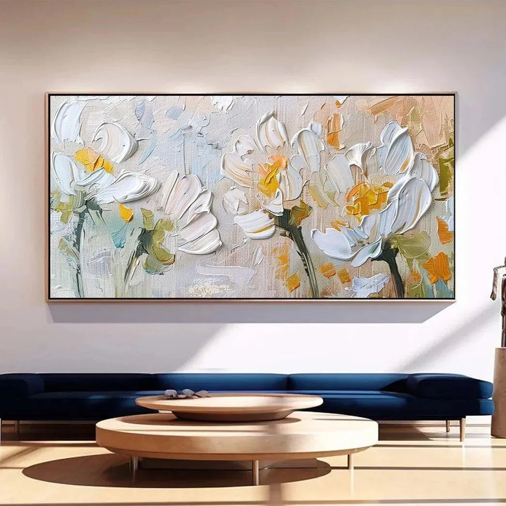 WHITE BLOSSOMS: Textured Impasto Floral Painting in White and Beige - Image 2