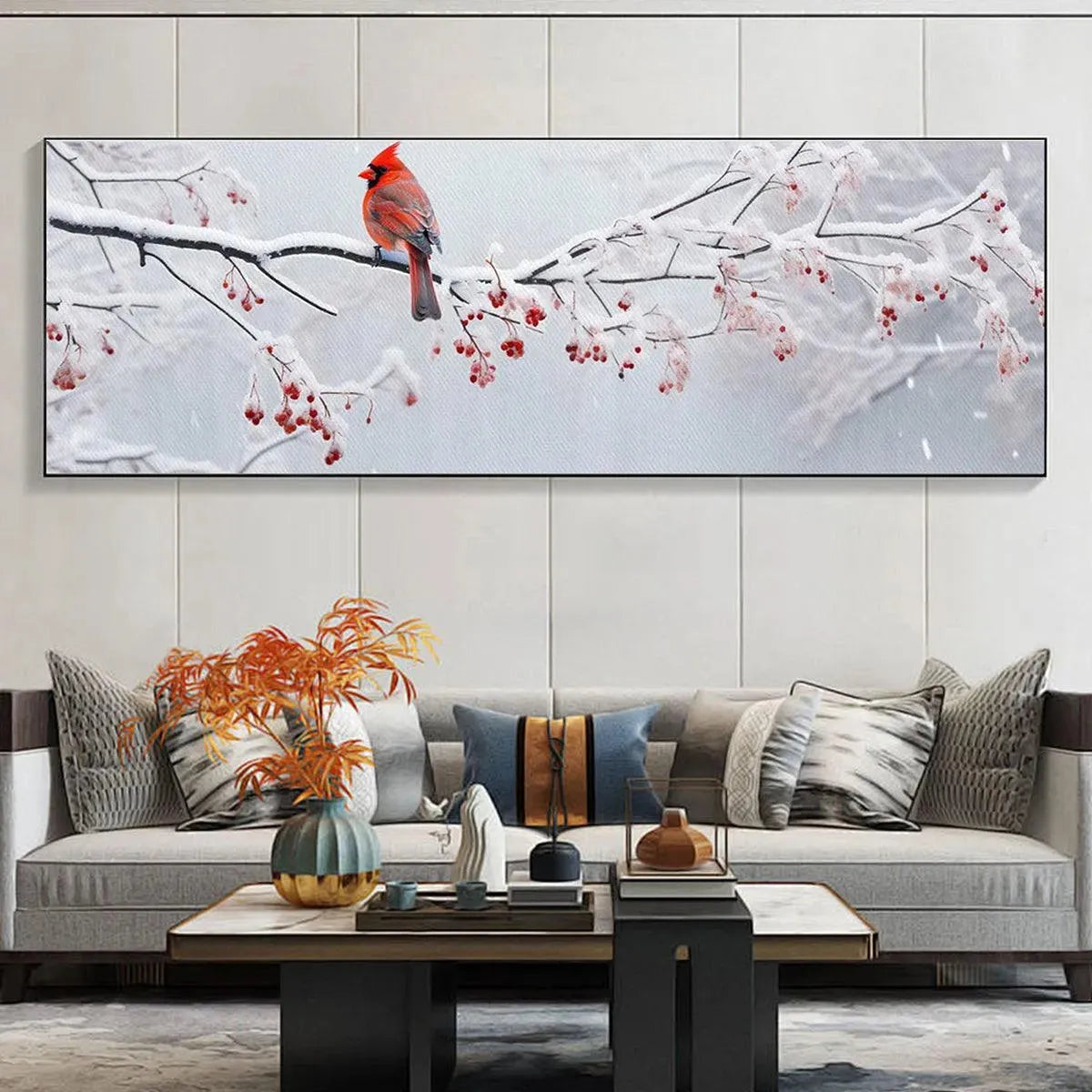 WINTER CARDINAL PANORAMIC: Bird Painting, Panoramic Wall Art, Winter Decor - Image 8